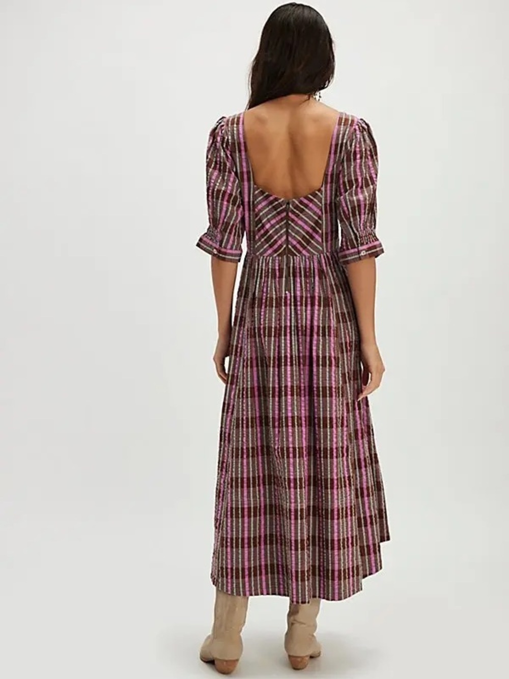 Free People Tulie Pink and Brown Plaid Midi Dress with Puff Sleeves Size LG NWT - Picture 8 of 9